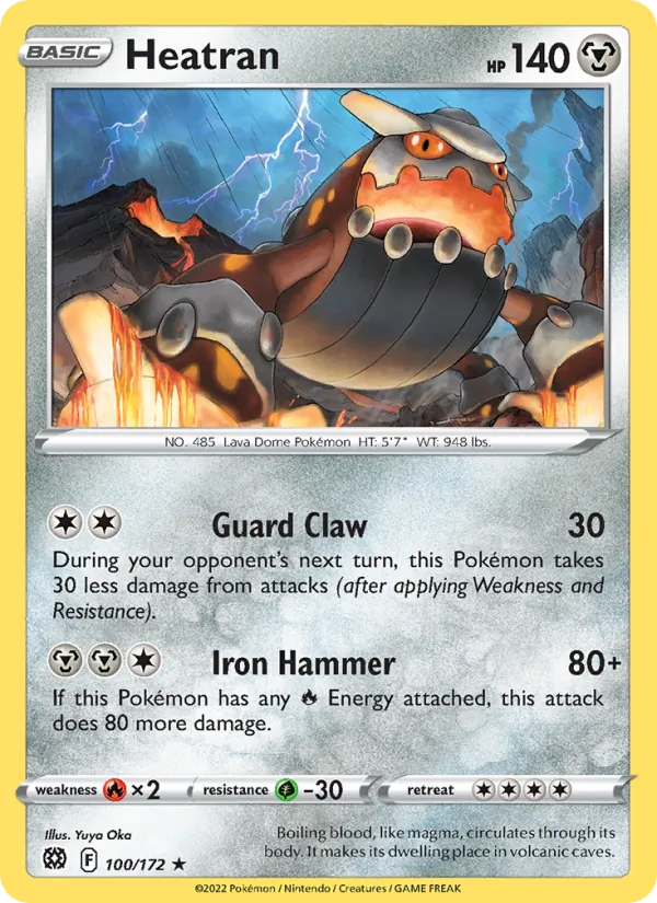 Heatran card 100/172 from Brilliant Stars, an example of a non holo rare with the black star rarity symbol