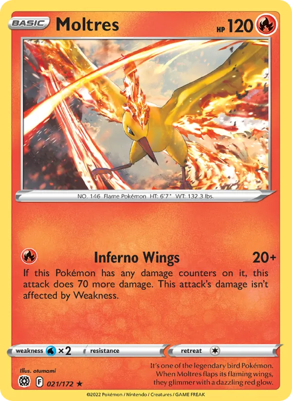 Moltres card 021/172 from Brilliant Stars, an example of a holo rare where the artwork shines