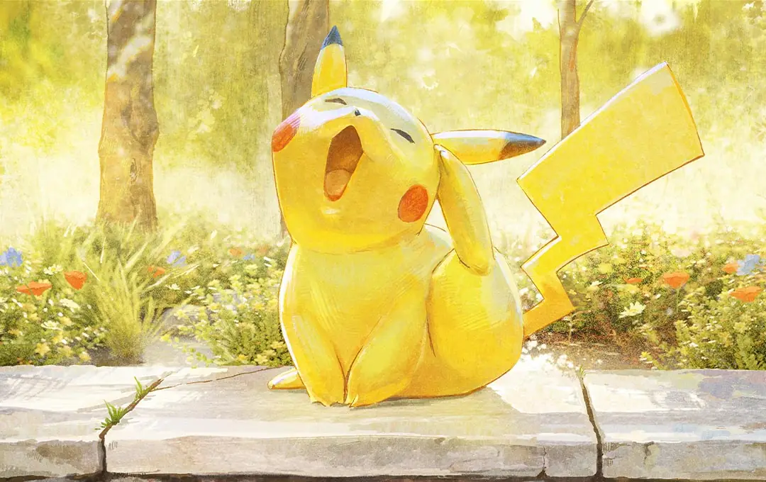 Painted artwork of Pikachu yawning on a stone ledge in a sunlit garden, shown in warm ink duotone